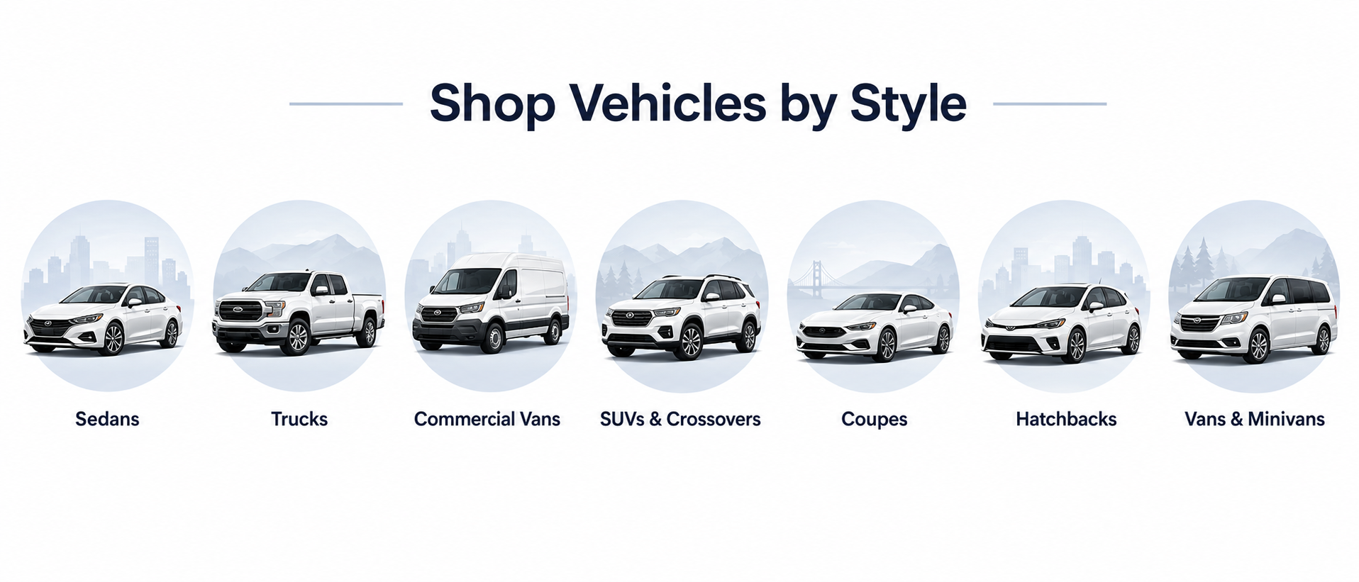 Shop vehicles by style near Birmingham Alabama including sedans trucks commercial vans SUVs coupes hatchbacks and minivans